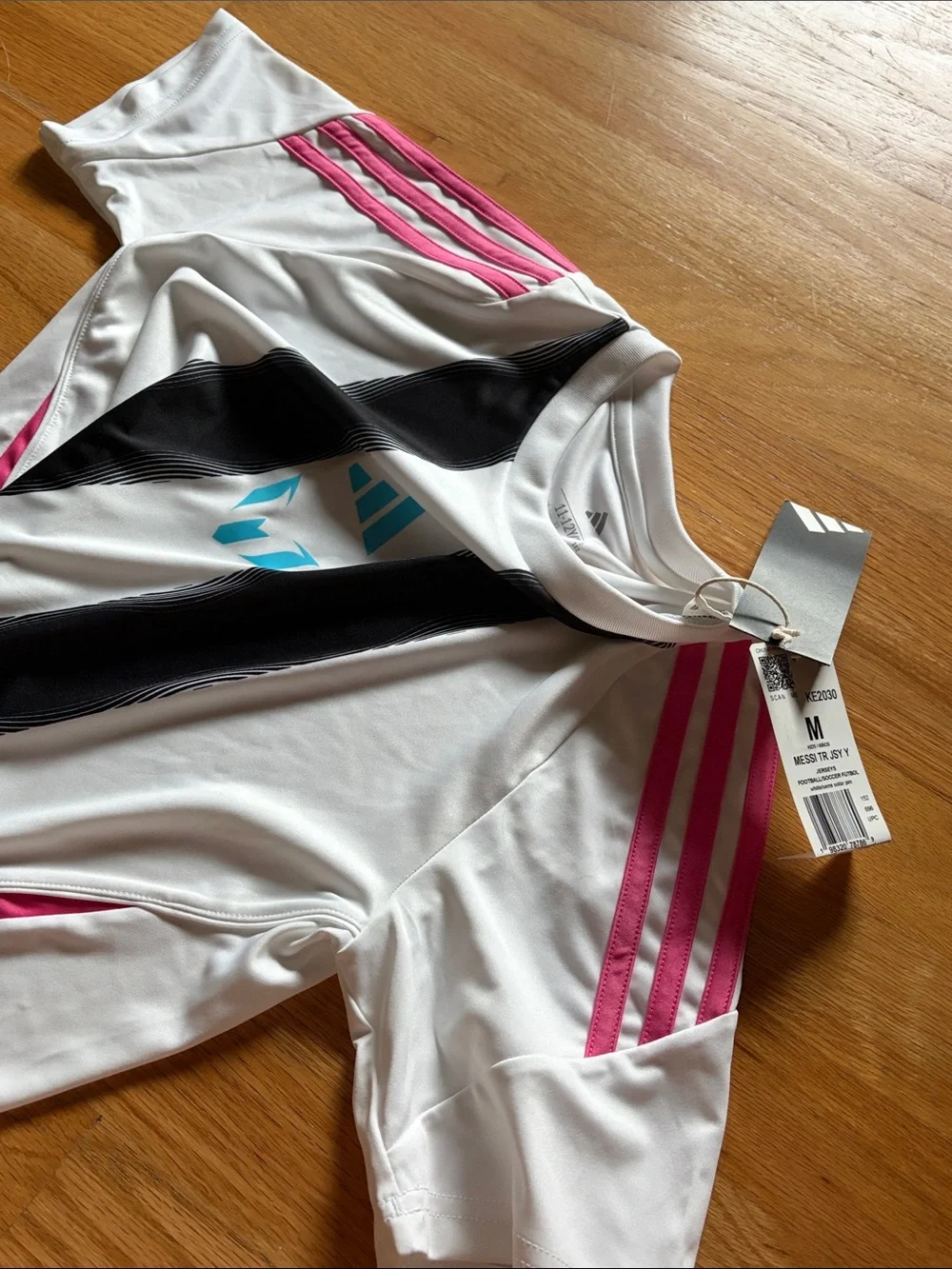 Messi Adidas White Soccer Jersey with Black Stripes & Pink Accents, YM New